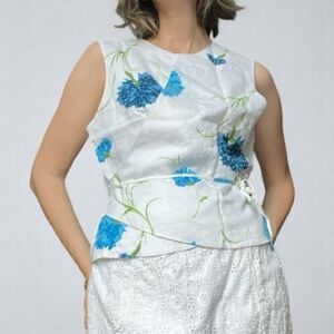 Bob Mackie Studio Vintage White Blue Floral Beaded Sleeveless Blouse Top 14